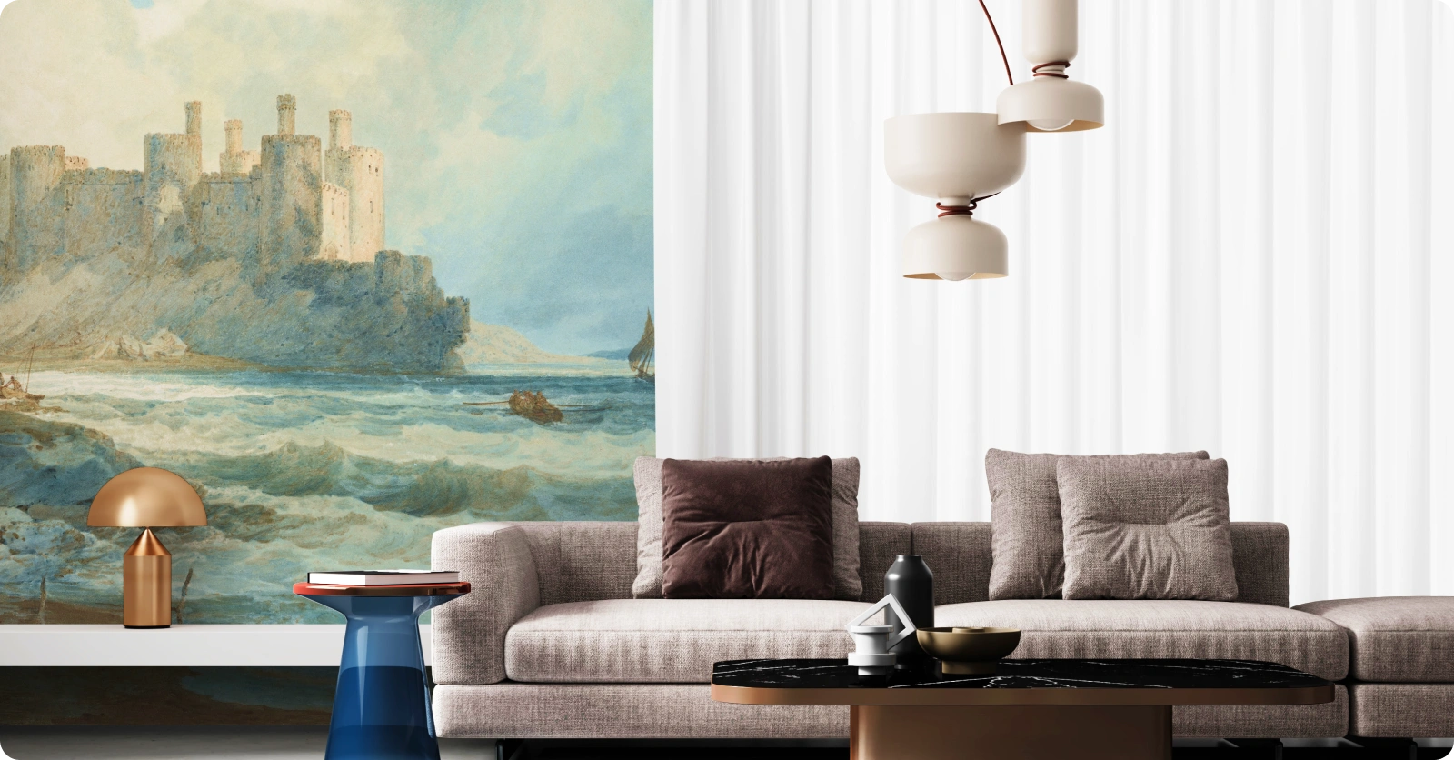 Living room with classic landscape wallpaper